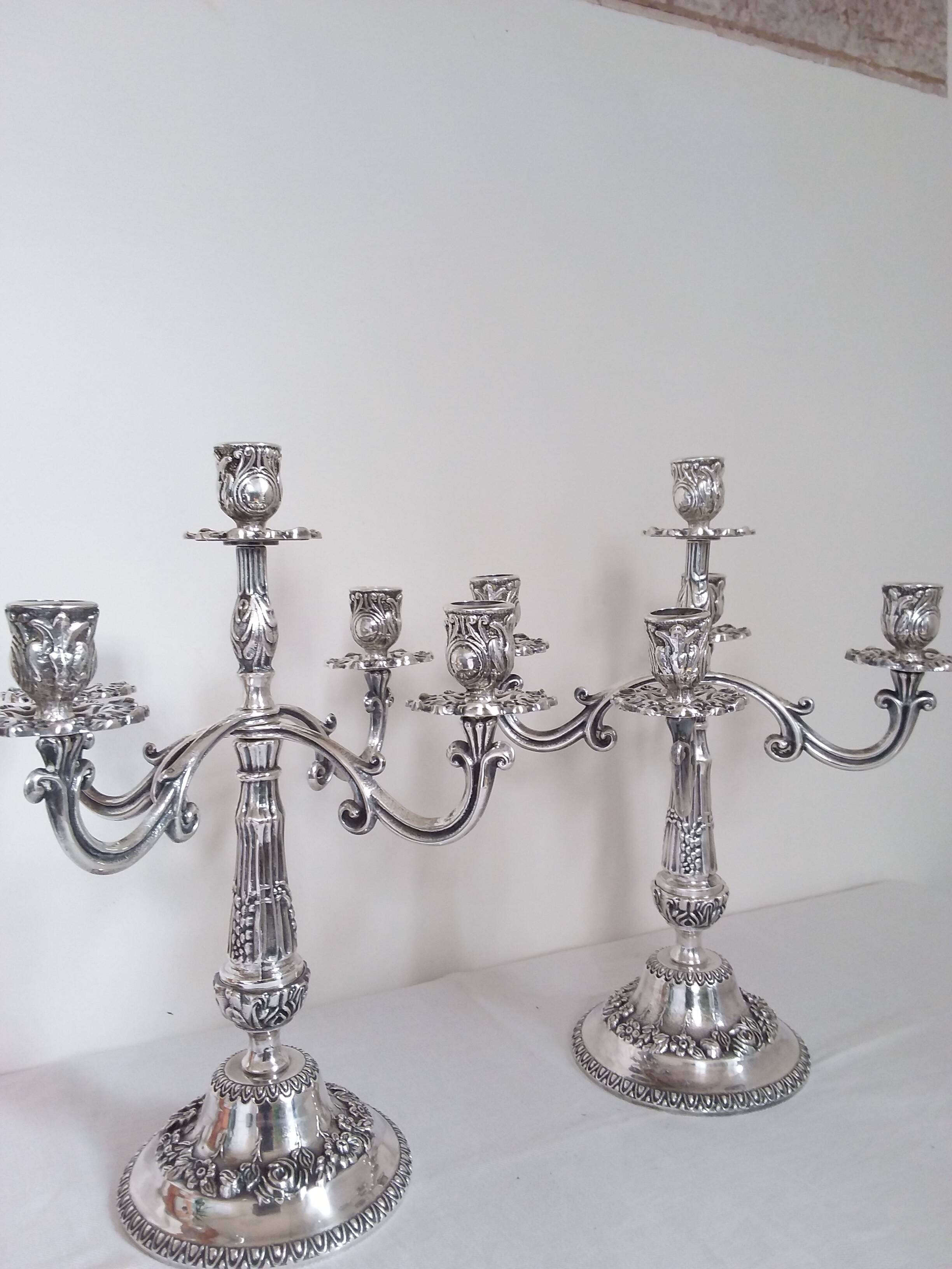 Pair of silver-plated bronze candelabra with 5 light arms.