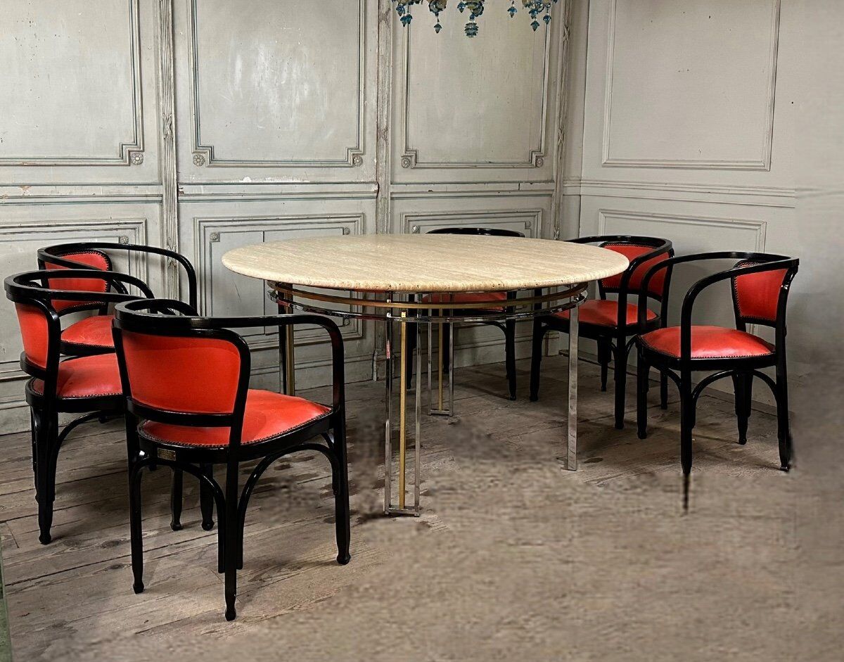 Dining table in chromed metal and matt gold, travertine shelf circa 1980