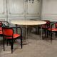 Table de salle à manger en métal chromé et doré mat , tablette en travertin vers 1980