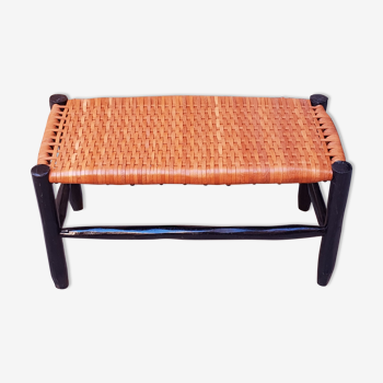 Moroccan bench in wood and brown leather, moroccan bench in solid wood, moroccan bench, beldi tradit bench