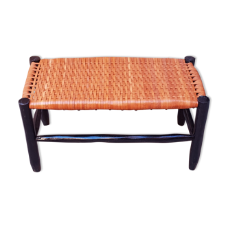 Moroccan bench in wood and brown leather, moroccan bench in solid wood, moroccan bench, beldi tradit bench