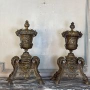 Pair of Louis XIV style andirons in bronze after a design by André-Charles Boulle.
