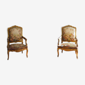 Pair of Armchairs with the Golden Queen, Aubusson Tapestry, 19th Century