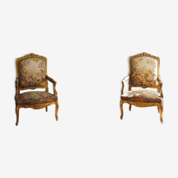 Paire de Fauteuils à la Reine Doré, Tapisserie Aubusson, 19eme Siècle