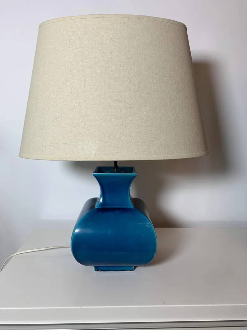 Vintage ceramic lamp Molin Charolles glazed turquoise blue - French 1970s