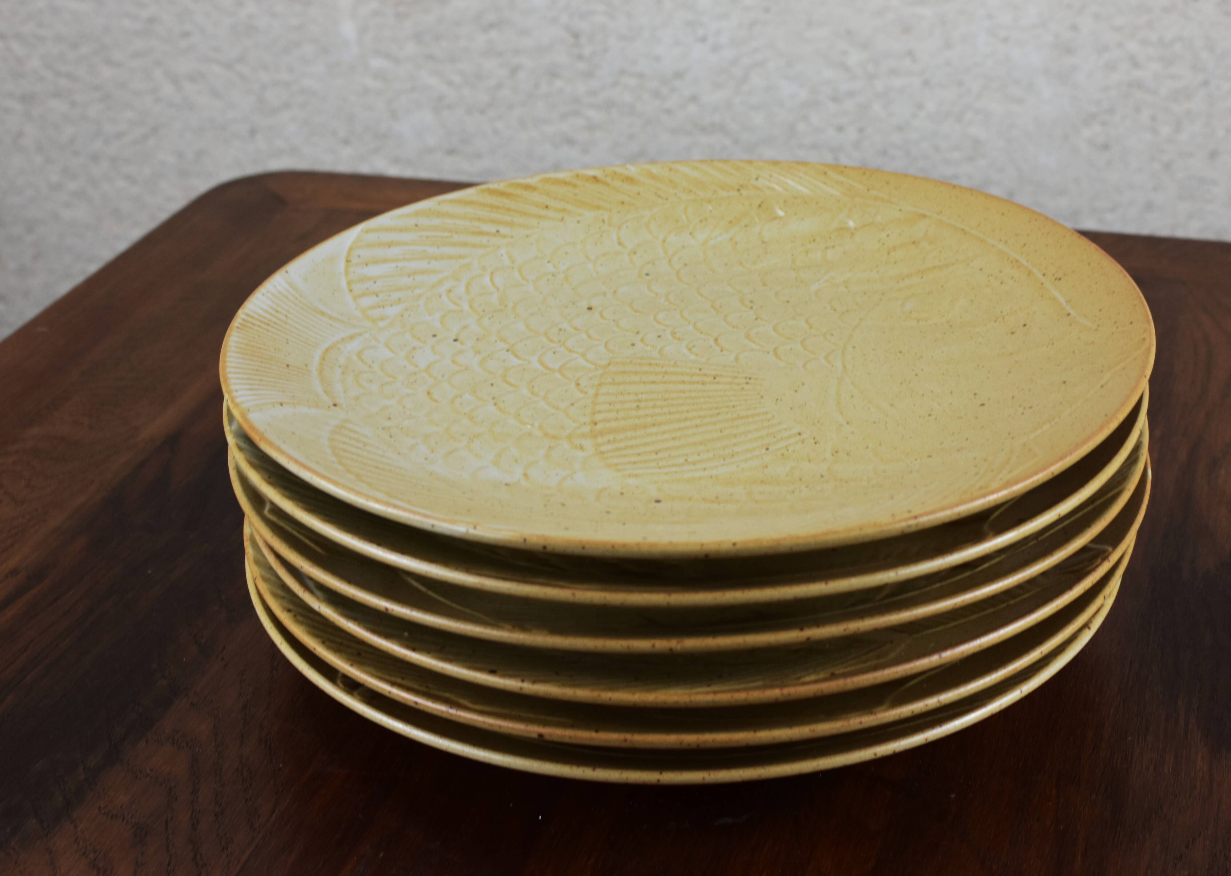 Set of 6 stoneware fish-patterned plates from France
