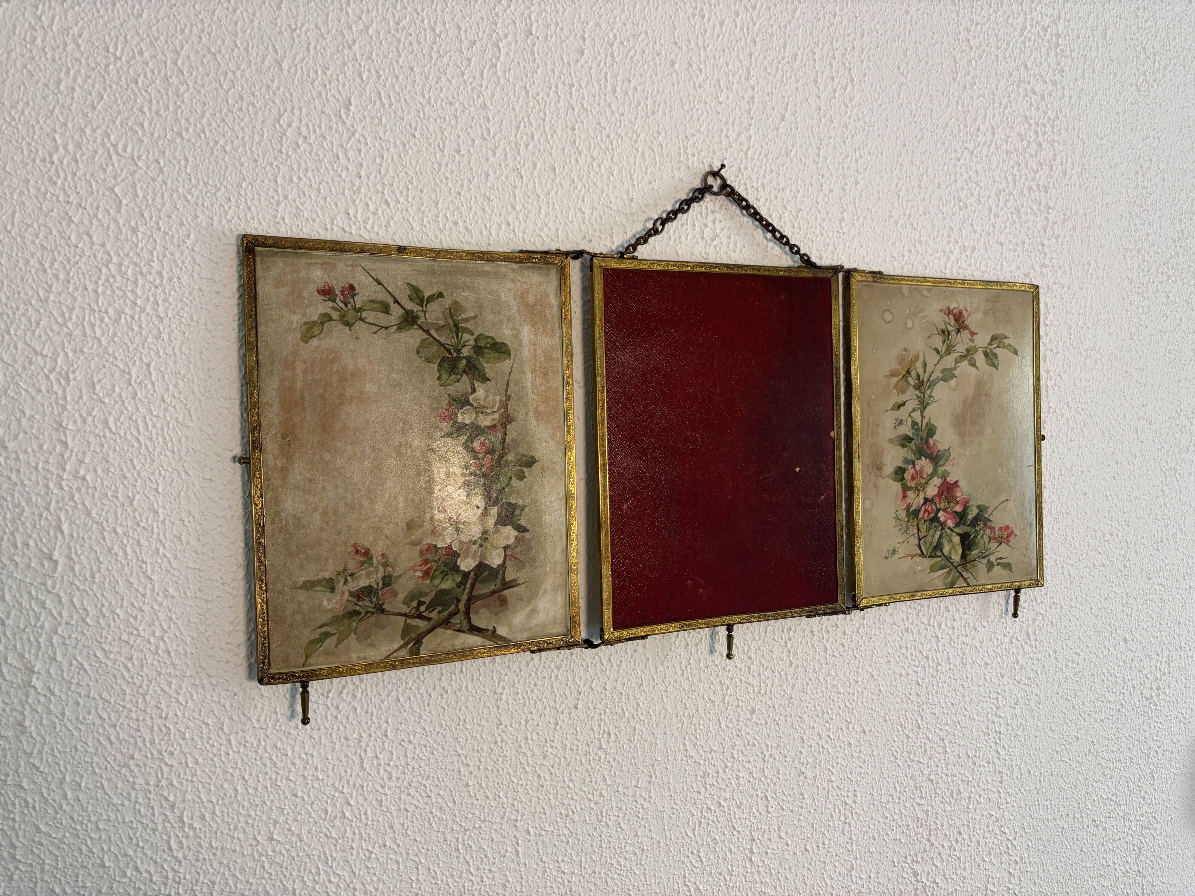 Vintage 1900s triptych barber mirror JB gilt burgundy - 30 x 67 cm
