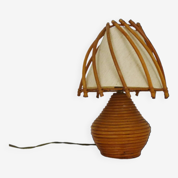 Lampe de chevet, lampe de table en rotin, bambou Louis Sognot. Années 50