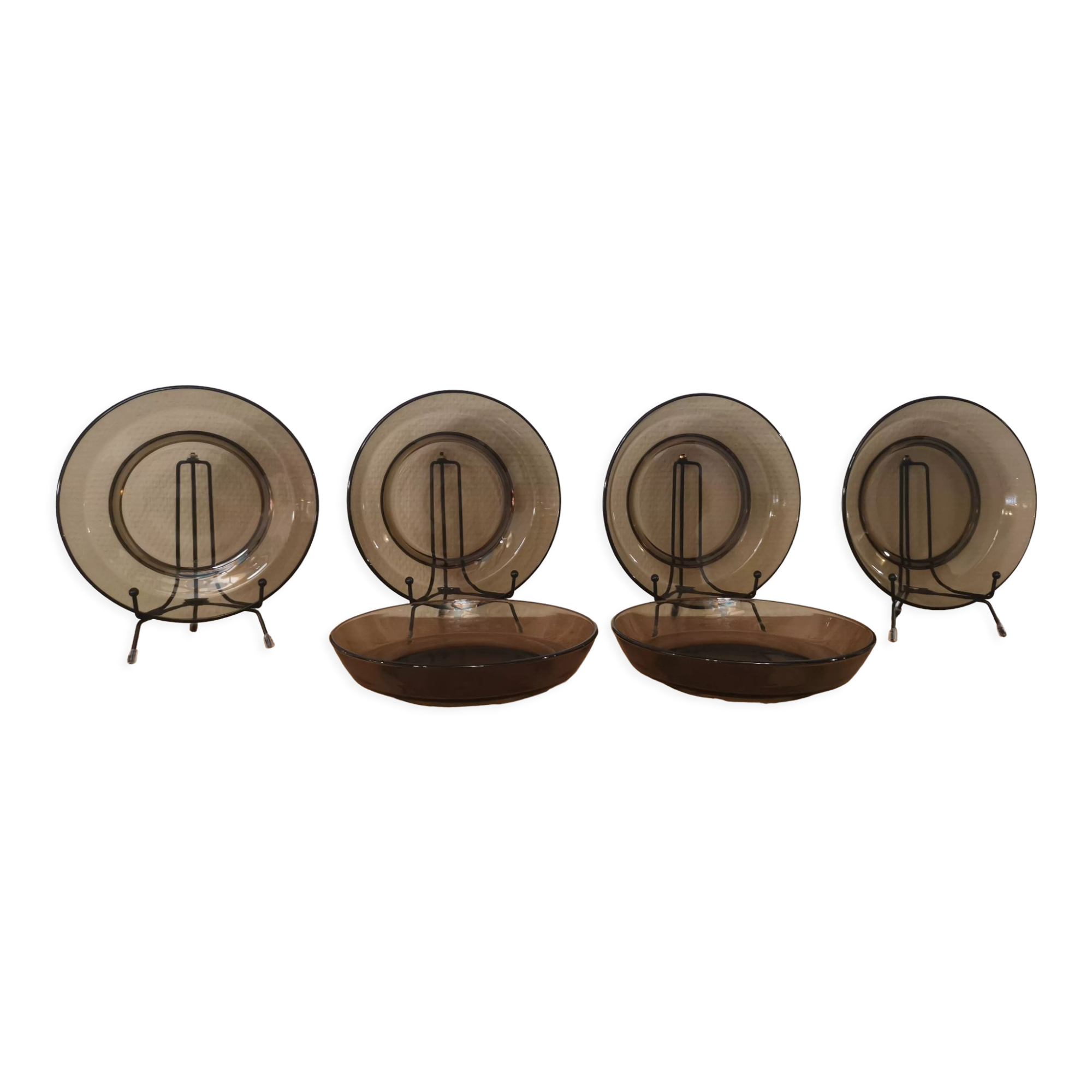 Set of 6 hollow plates in smoked brown glass Vereco 70'S Vintage