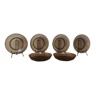 Set of 6 hollow plates in smoked brown glass Vereco 70'S Vintage