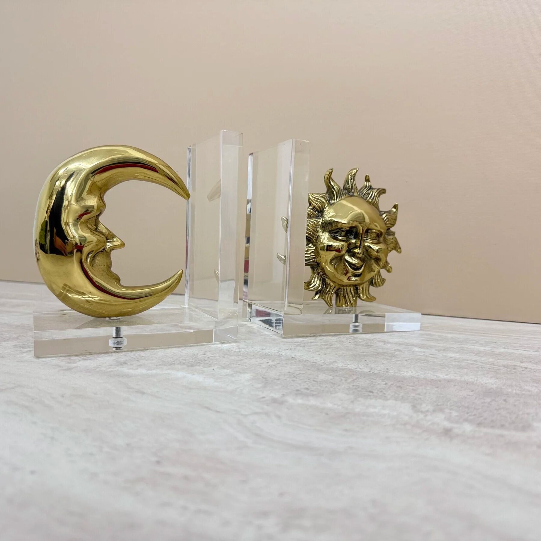 Vintage bookends sun and moon lucite and brass, 1970s