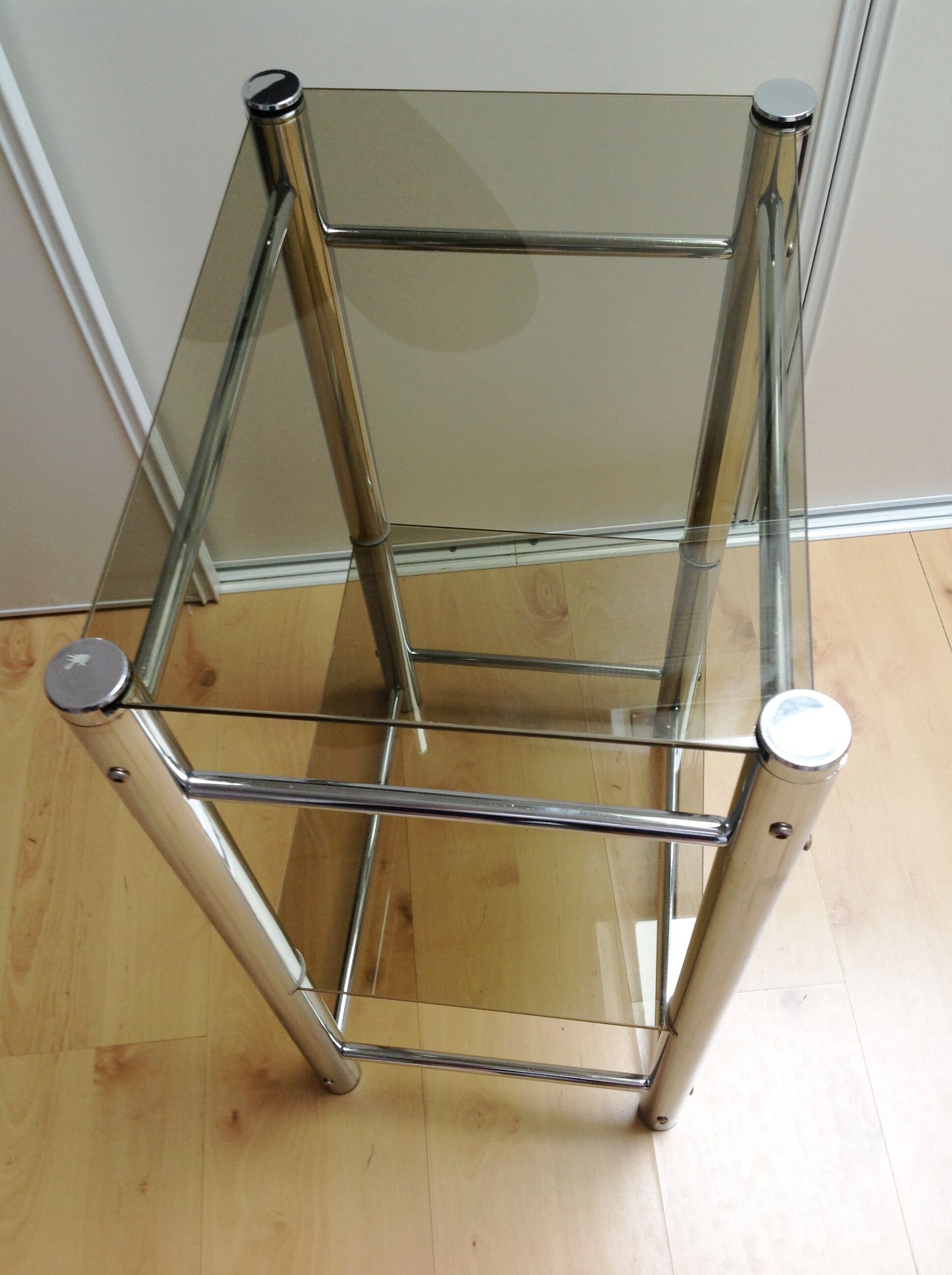 Two-tray console in smoked glass and chrome metal / vintage 70s-80s