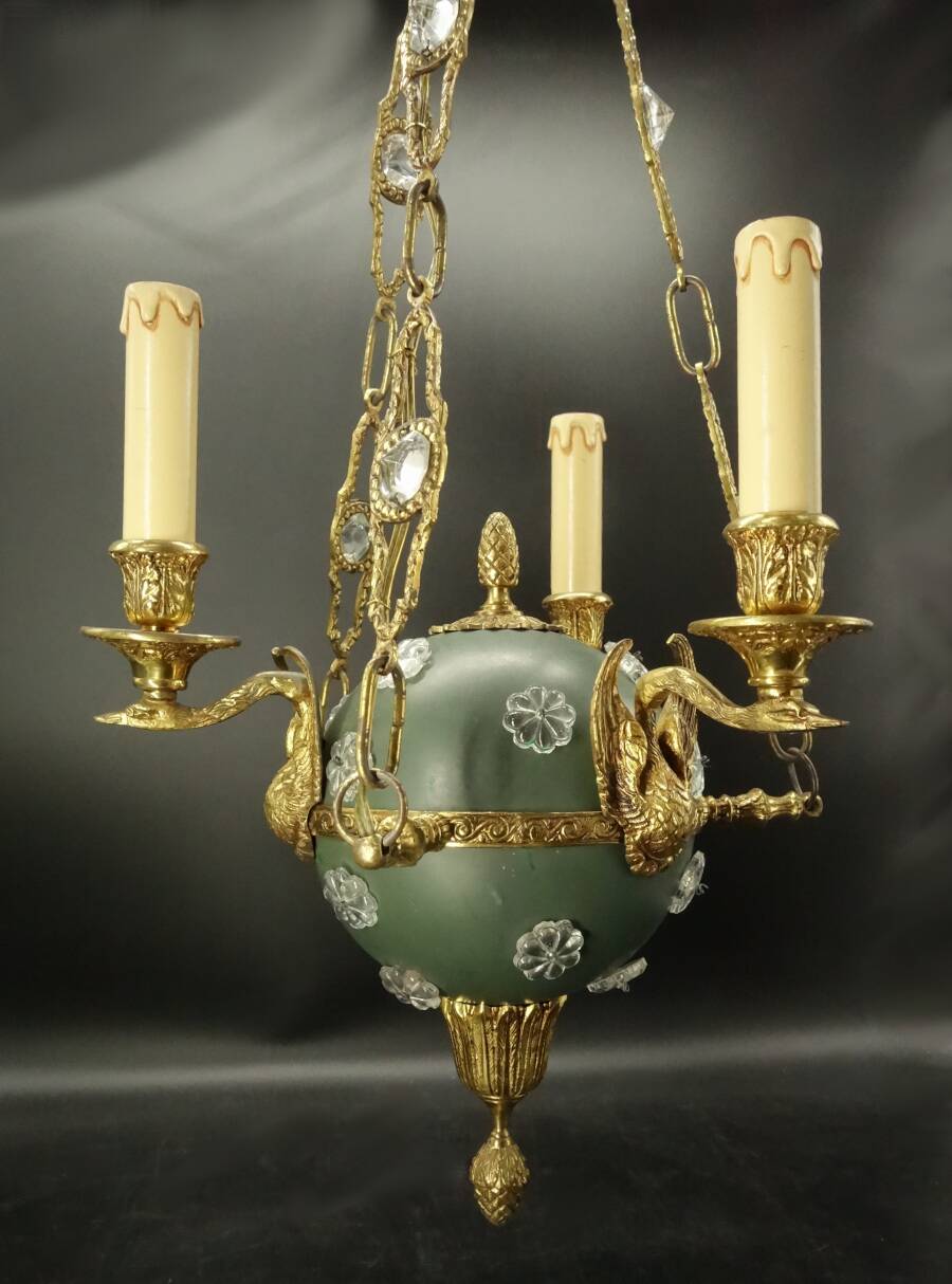 3-light chandelier with swan heads, Empire style - bronze & glass
