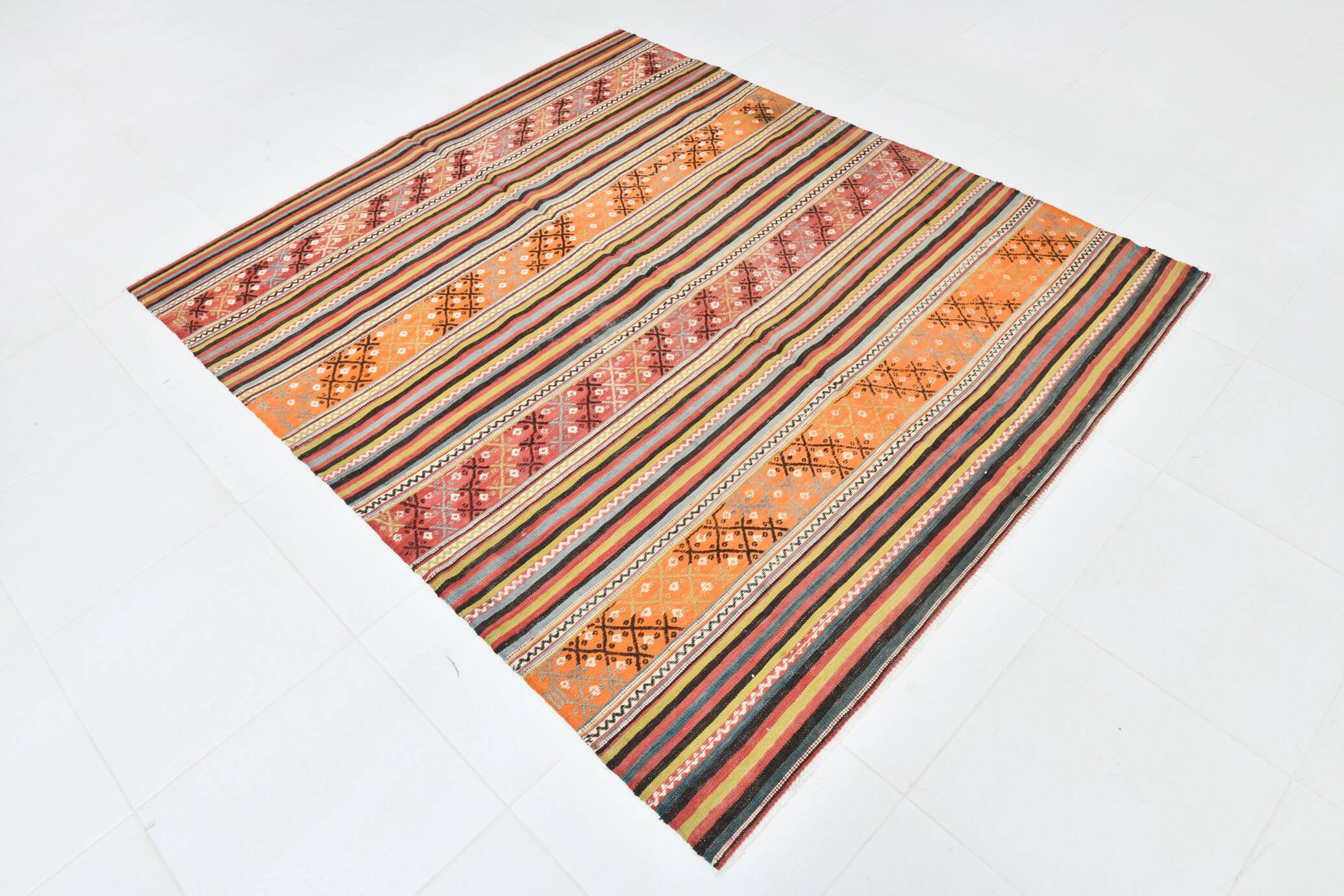 5x6 Vintage Red & Orange Striped Kilim Rug, 163x193Cm