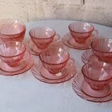 Rosaline moulded pink glass service – 6 cups + 6 saucers + 2 bowls