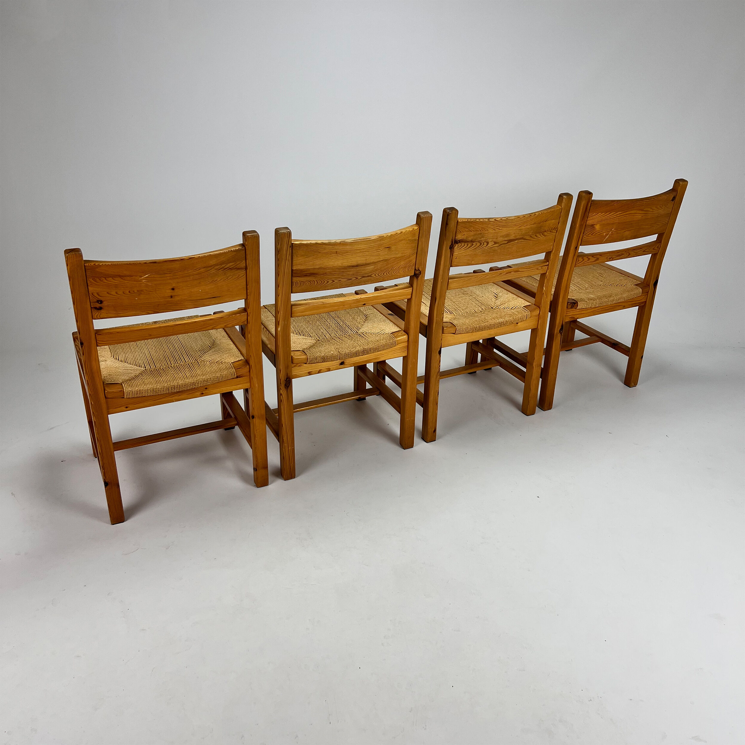 Set of 4 mid century scandinavian pine and papercord dining chairs, 1960s