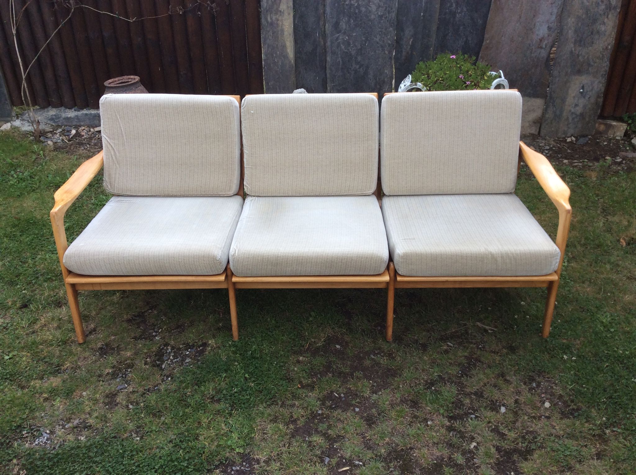 Vintage Scandinavian bench and armchairs of 4 pieces, 1 bench and 3 armchairs.