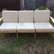 Vintage Scandinavian bench and armchairs of 4 pieces, 1 bench and 3 armchairs.
