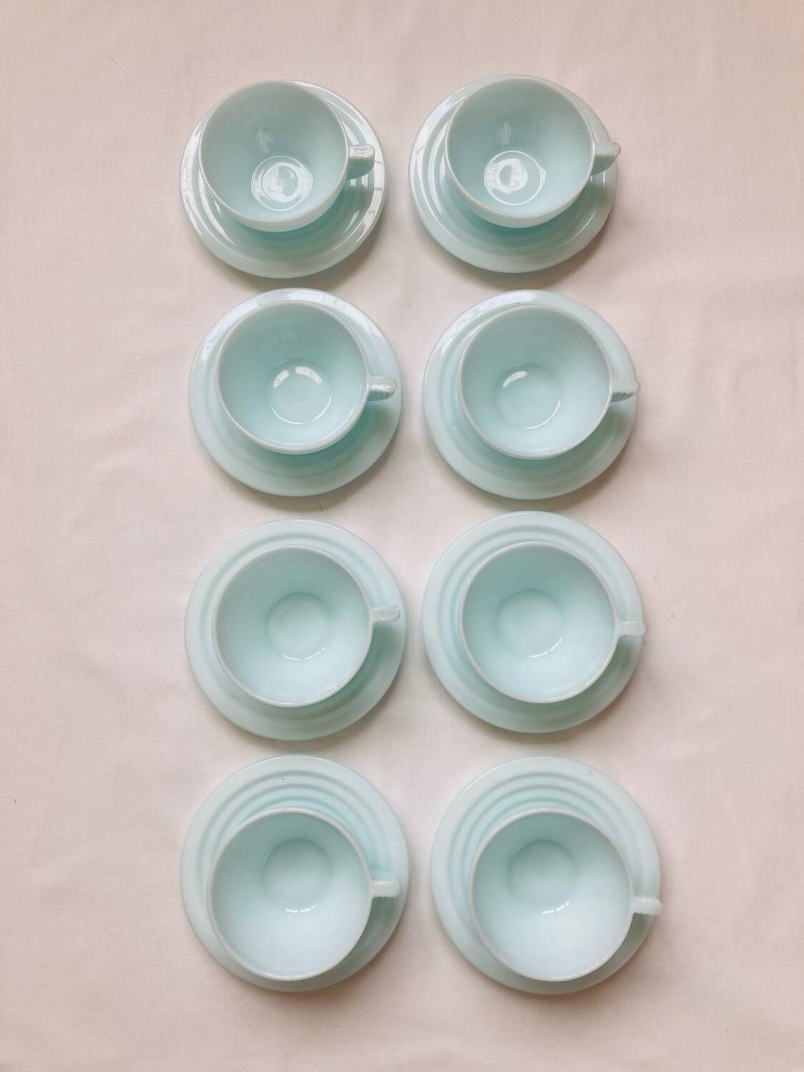 8 Art Deco Opaline Glass Coffee Cups and Saucers "The Economy"