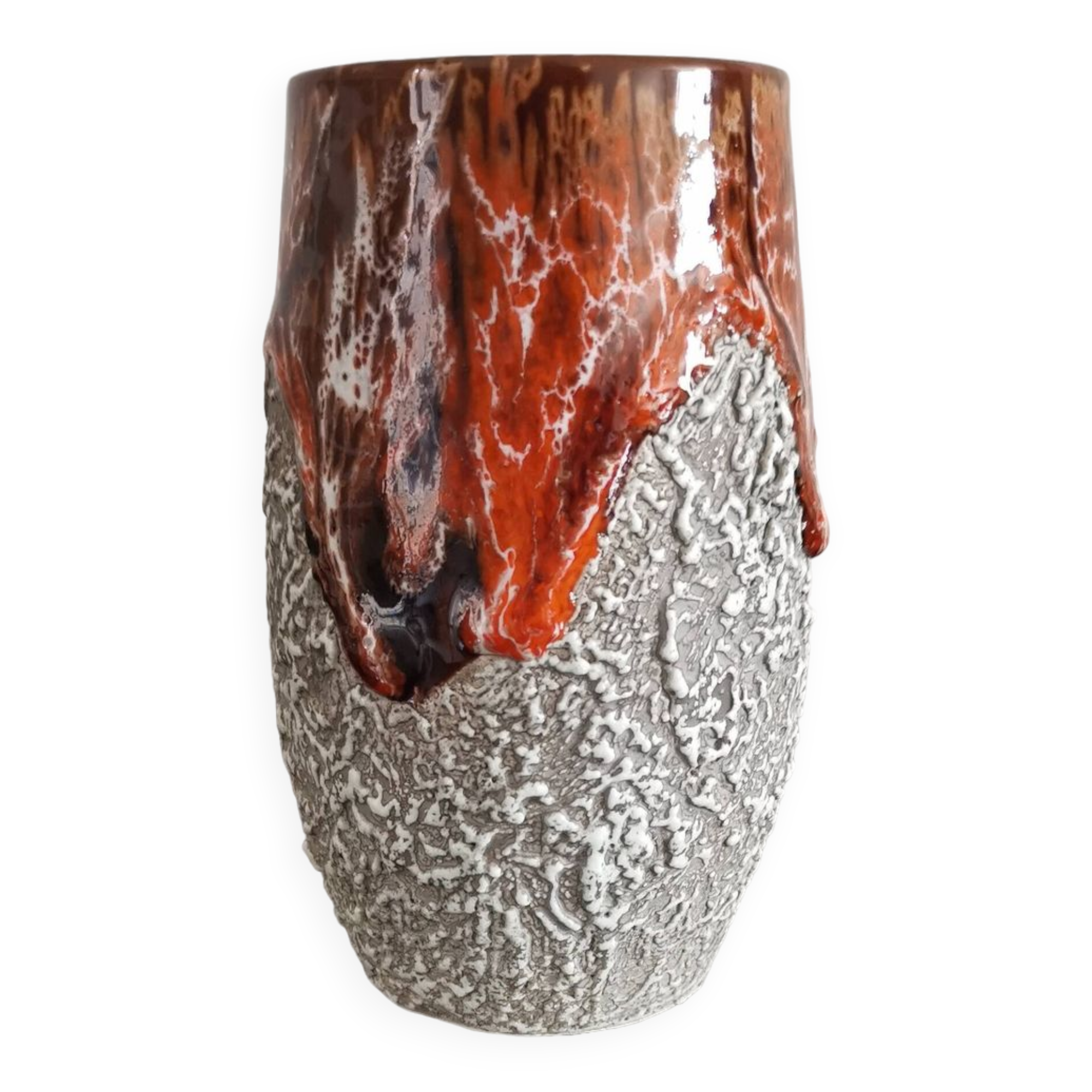 Zoomorphic vase in fat lava orange/brown flamed Vallauris style ceramic