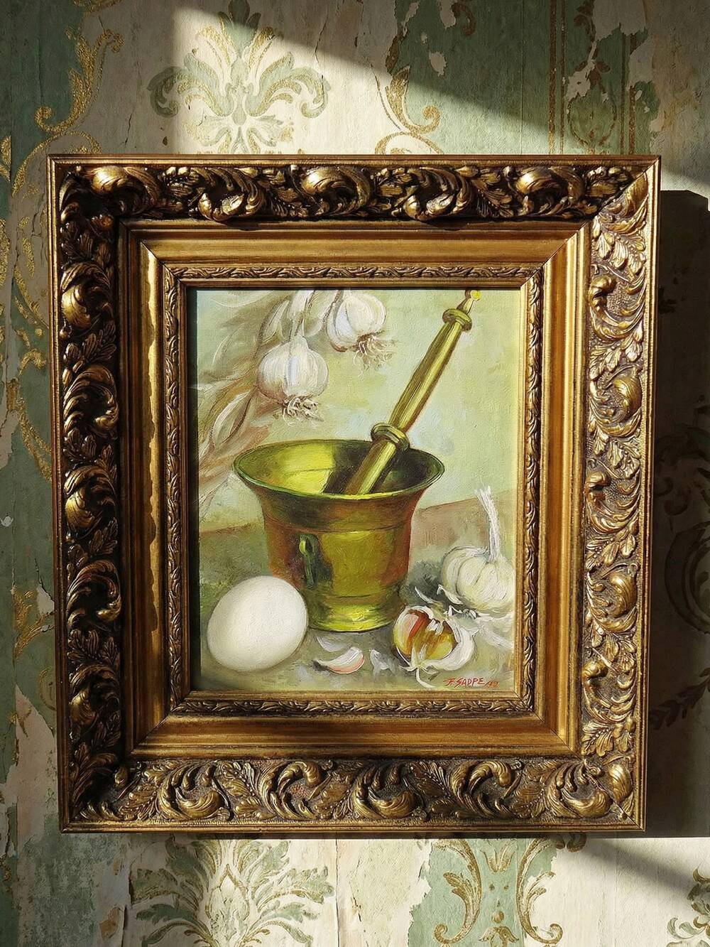 Still life with garlic, egg, and mortar signed Sarpe, 1979, oil on canvas.