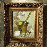 Still life with garlic, egg, and mortar signed Sarpe, 1979, oil on canvas.