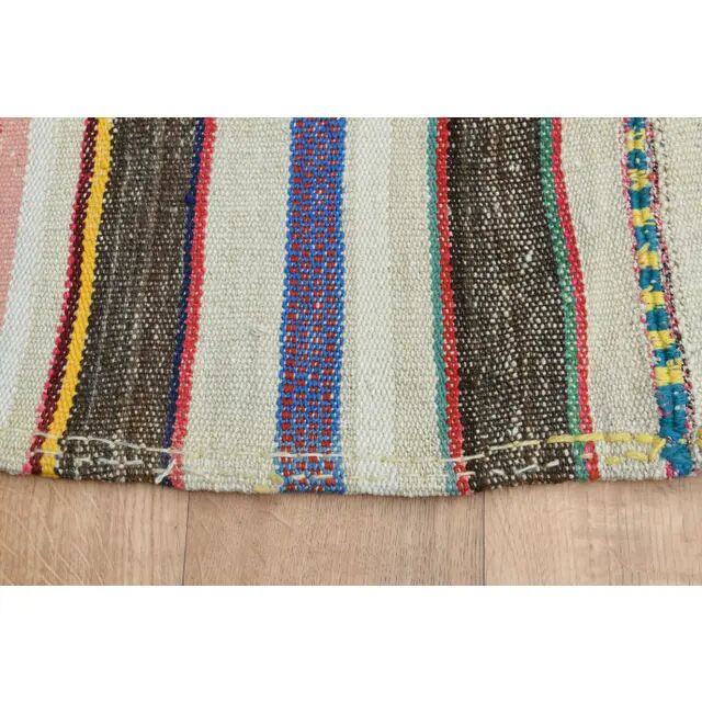 Turkish Vintage Striped Brown Blue Kilim Runner Rug 145x324