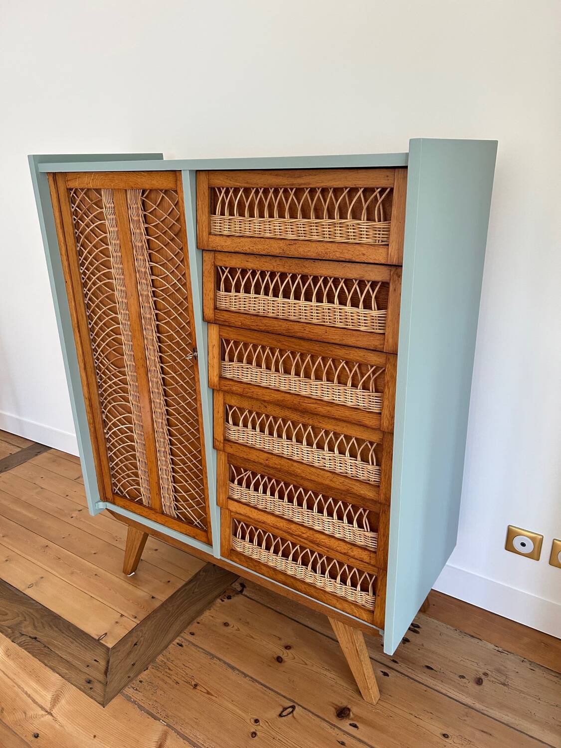 Oak and rattan wardrobe / chest of drawers