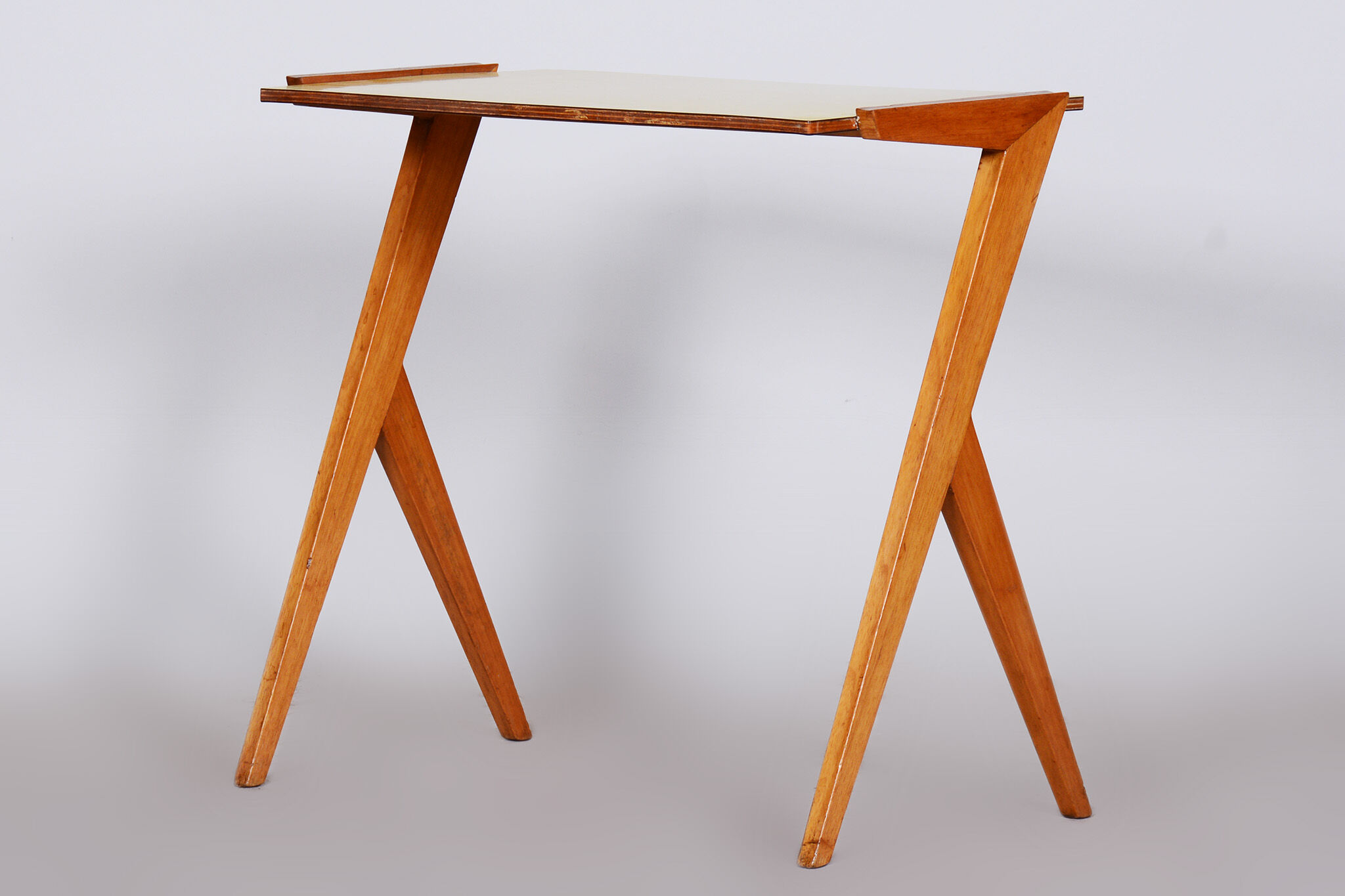 Midcentury small yellow table, beech, umakart, restored, Czechia, 1950s