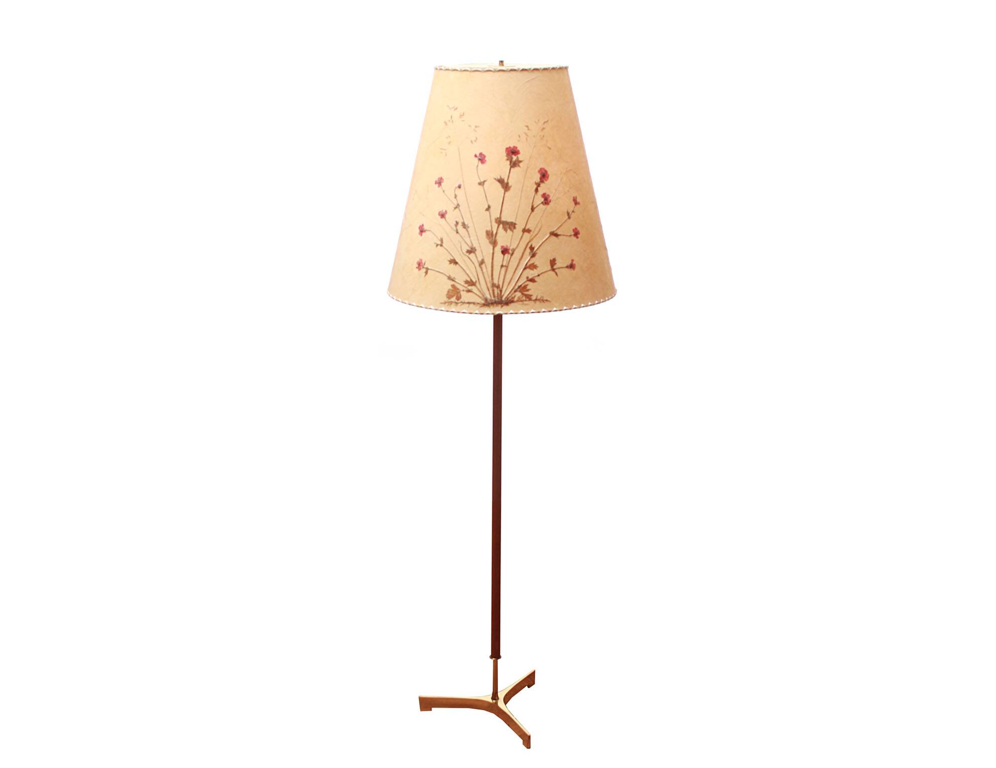 1950s floor lamp in brass and teak/shade with floral motif
