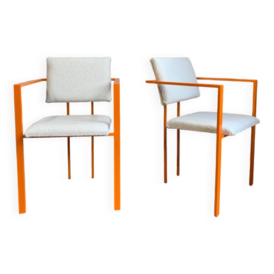 Paire de fauteuils postmodernes orange et tissu laine bouclée