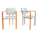 Pair of postmodern orange armchairs and bouclé wool fabric