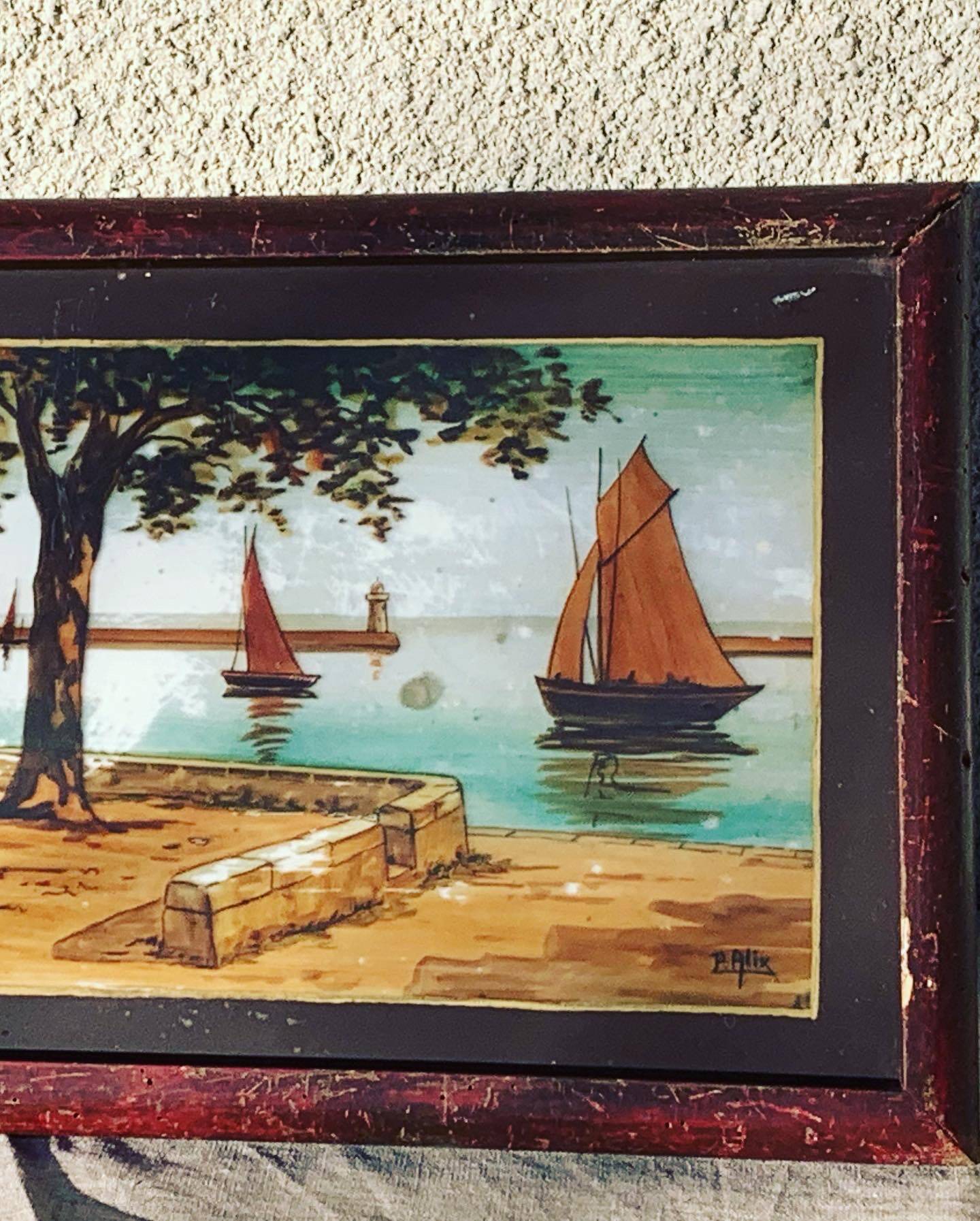 Marine painting, fixed on glass, signed P. Alix, art deco, old