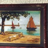 Marine painting, fixed on glass, signed P. Alix, art deco, old