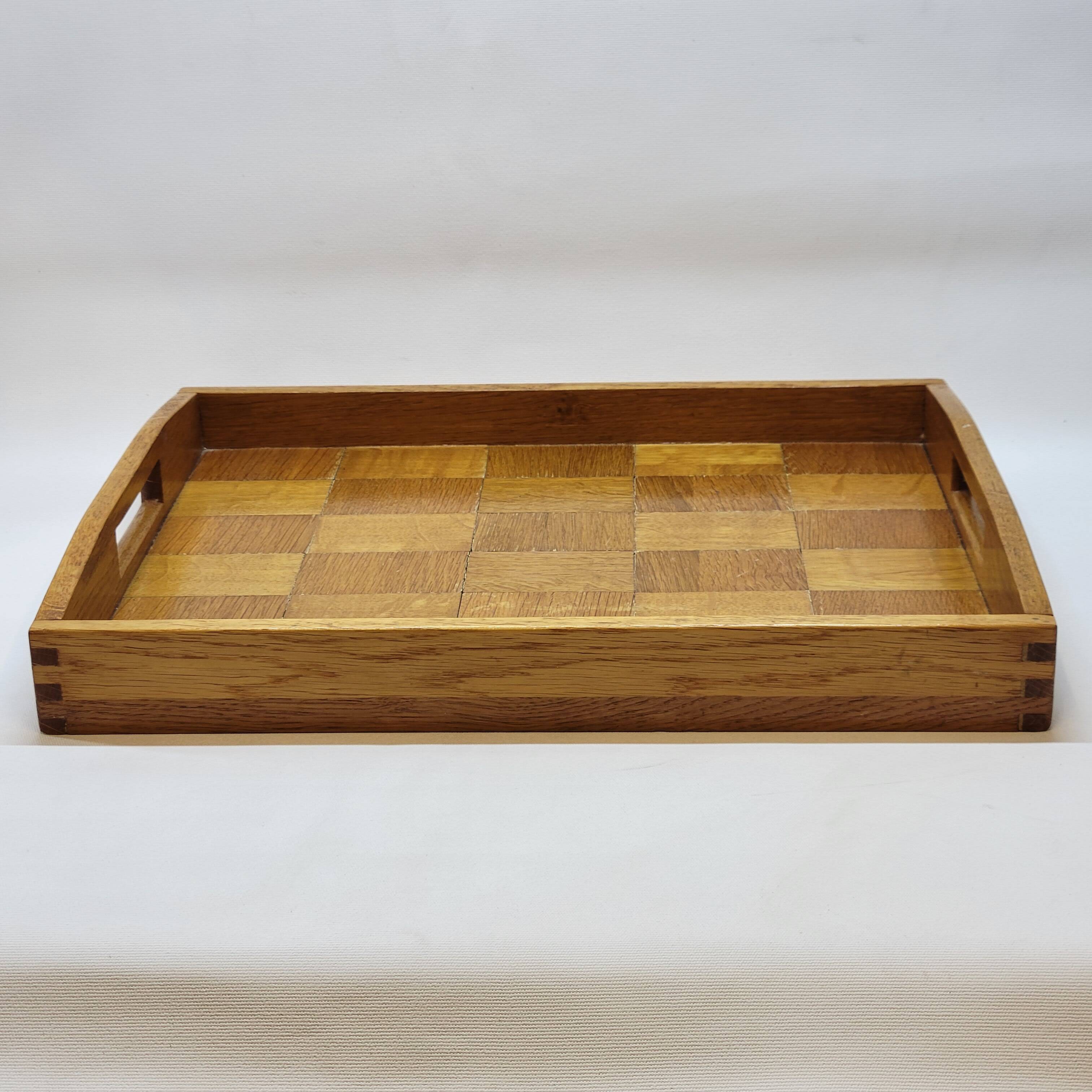 Vintage scandinavian serving tray in marquetry wood