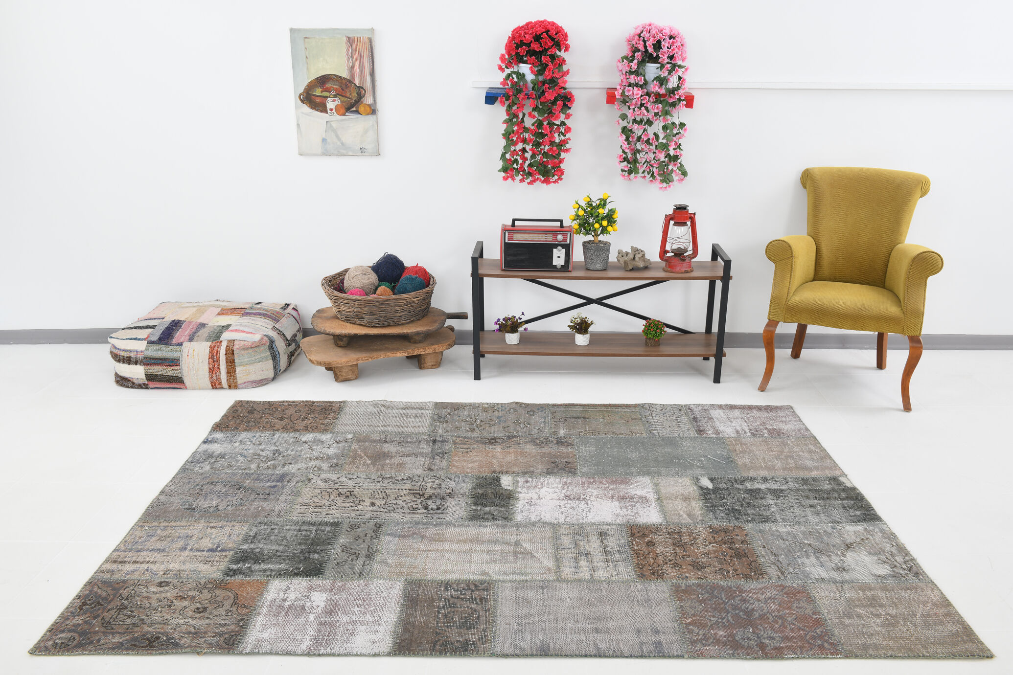Gray & bronze patchwork tapis rug, 247x172cm