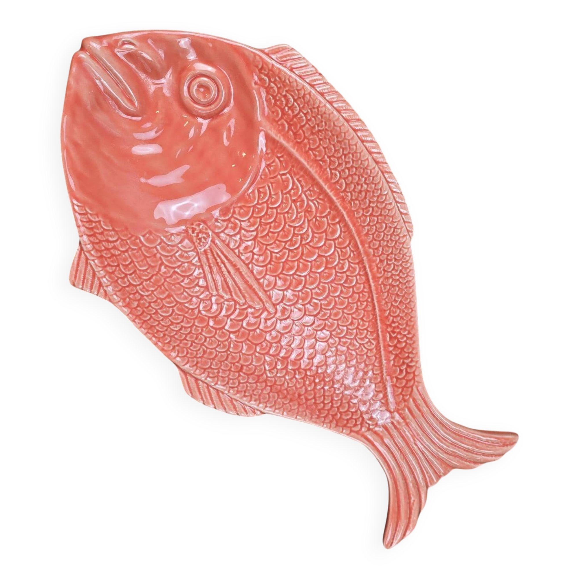 Large vintage fish platter Surtis Portugal in coral earthenware.