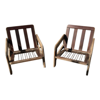 Paire de fauteuils vintage en bois mid century, années 80s