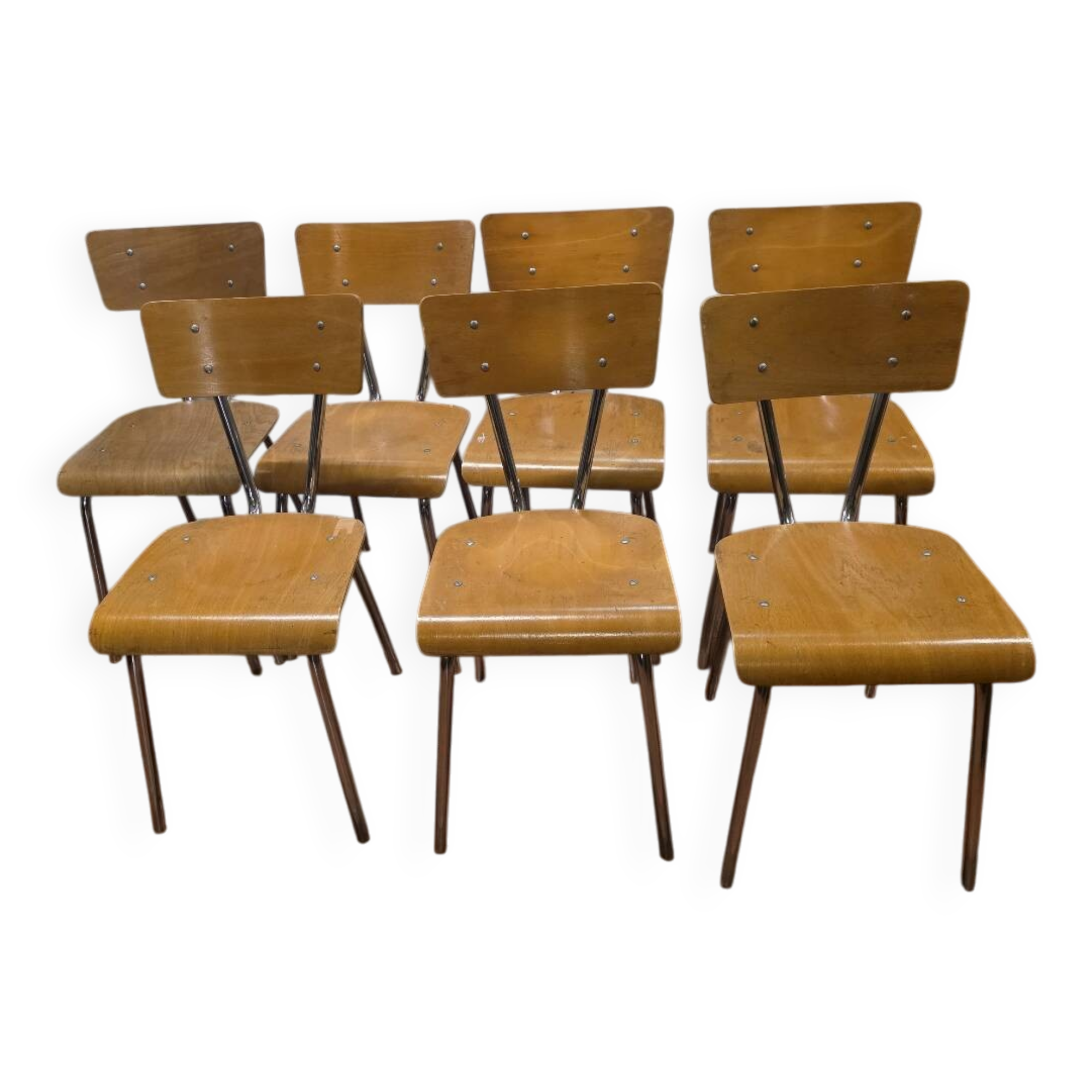 7 vintage school chairs in chrome metal from the 1970s