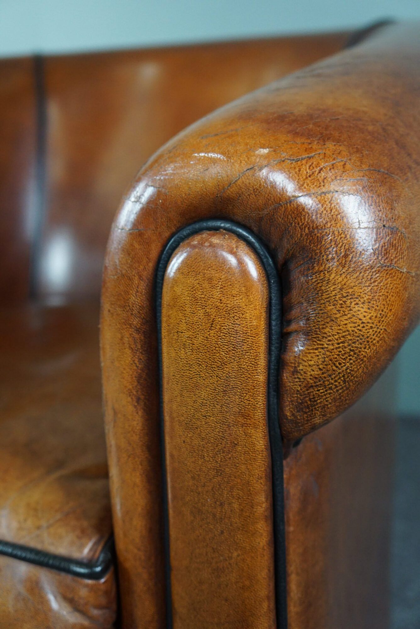 Set of 2 club chairs in black piping sheep leather