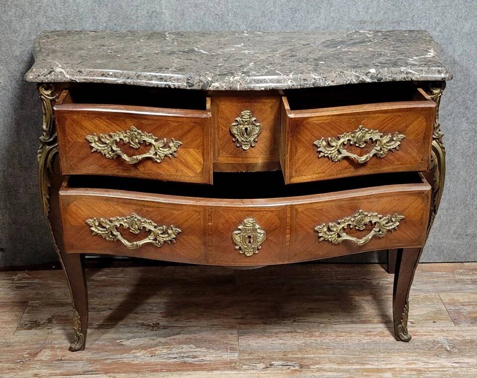 Louis XV style curved chest of drawers in marquetry circa 1880