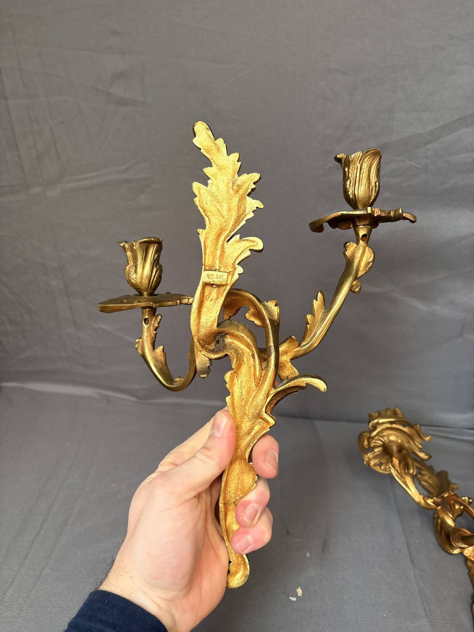 Antique Pair of Wall Sconces Candle Holders Louis XV Rococo Gilt Bronze