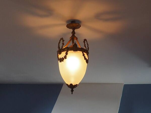 Antique French Louis XVI Style Glass and Bronze Pendant Lamp c. 1900