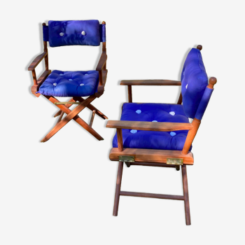 Pair of folding garden armchairs in teak
