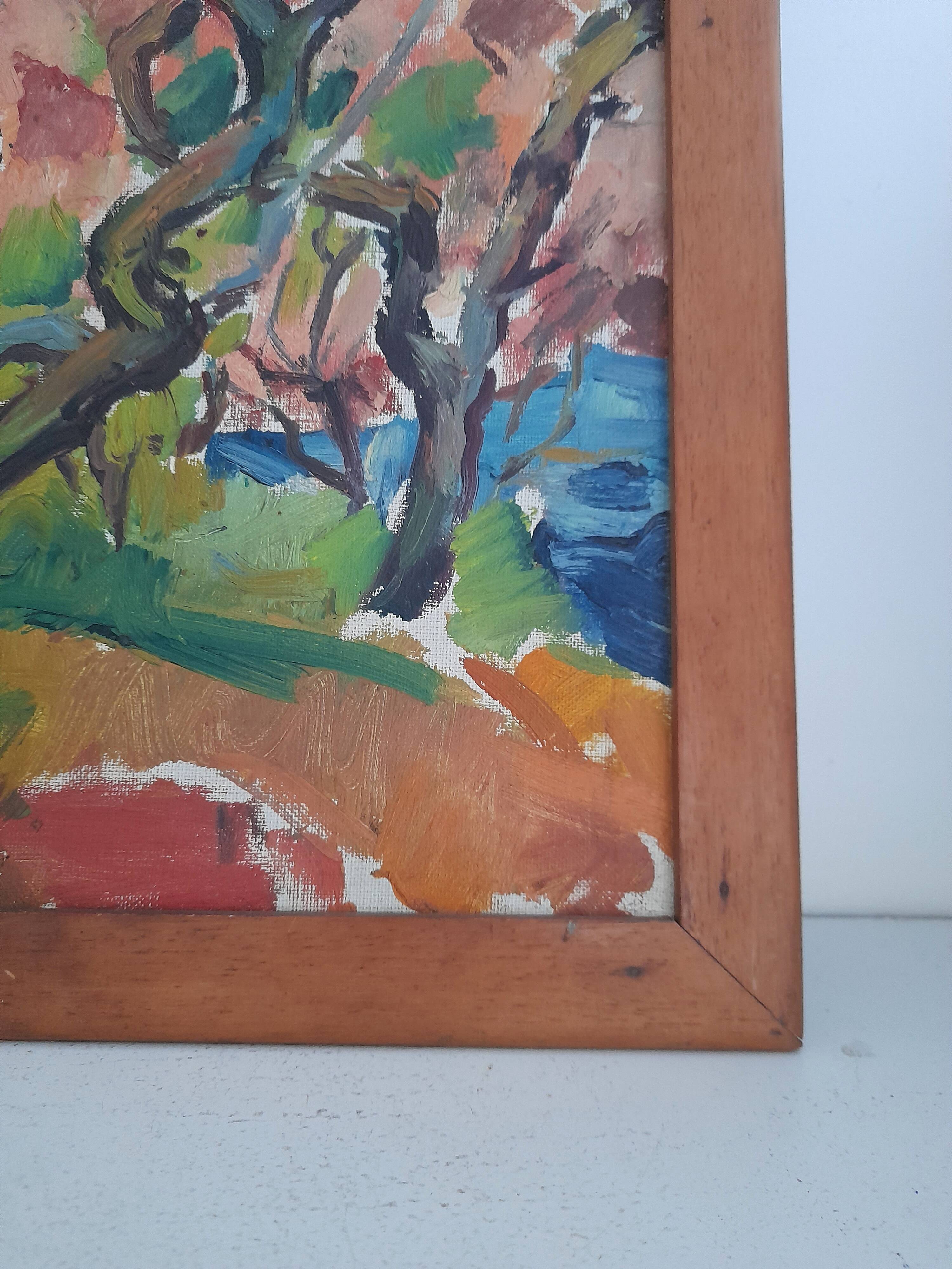 Oil on canvas scene of trees from the 1950s.