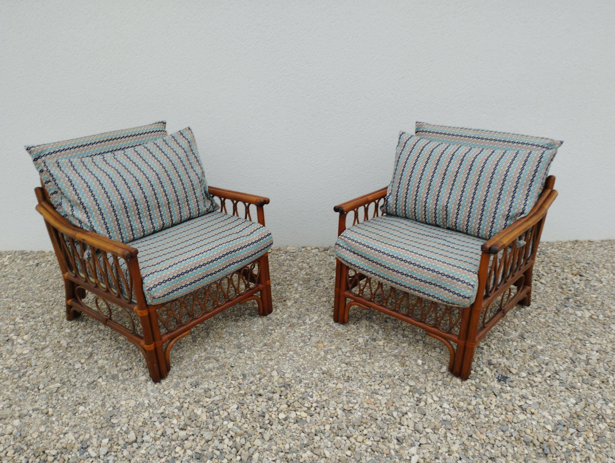 Pair of glacier blue rattan armchairs French Riviera vintage ép