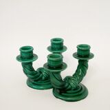 Pair of twisted green ceramic double candlesticks, 1960.