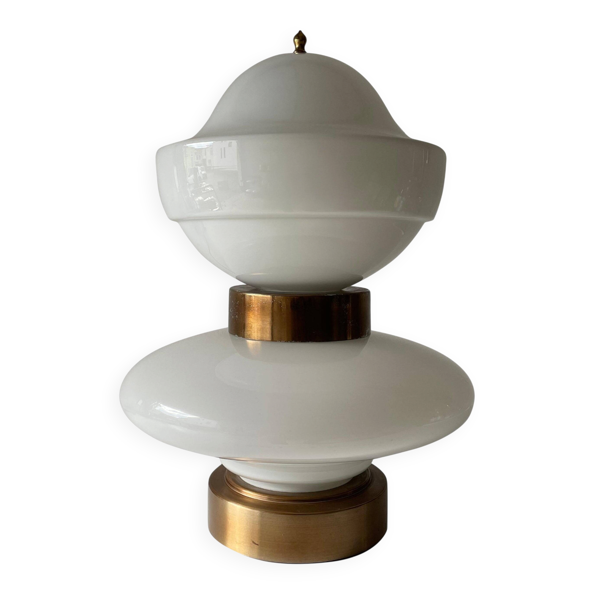 Large table lamp or floor lamp in opal glass and brass body, 1960s, Italy.