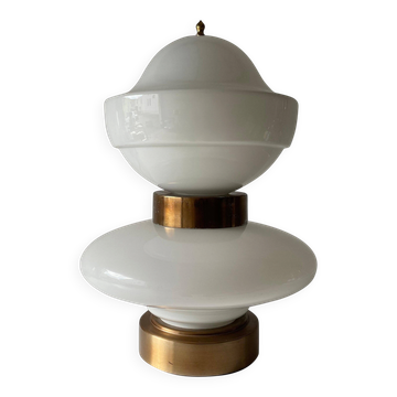 Large table lamp or floor lamp in opal glass and brass body, 1960s, Italy.