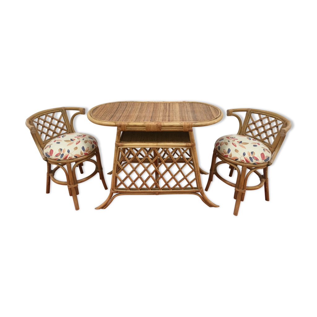 Duo Tiki table and chairs in rattan and vintage bamboo Selency